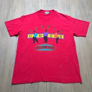 VINTAGE 80S STUDIO UMEN BOXY WIDE T SHIRT SZ L PINK SINGLE STITCH GRAPHIC PRINT